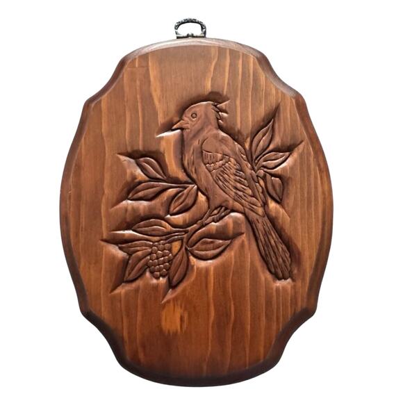 Vintage Other - Vintage 1954 Hand Carved Wood Wall Plaque – Cardinal Bird on Branch Rustic Décor